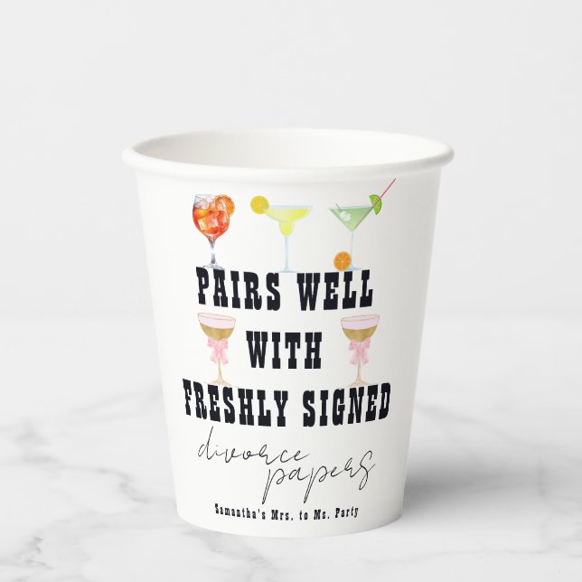Pairs Well Divorce Papers Cocktail Brunch Party Paper Cups (Front)