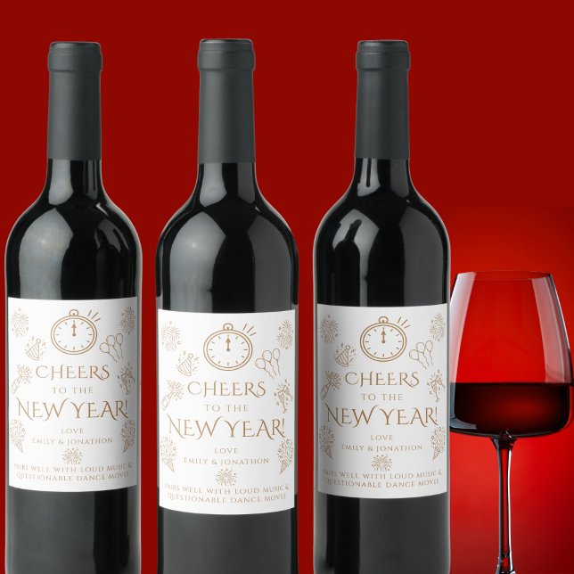 Pairs Well Doodles Gold Cheers to New Year Party Wine Label (Creator Uploaded)