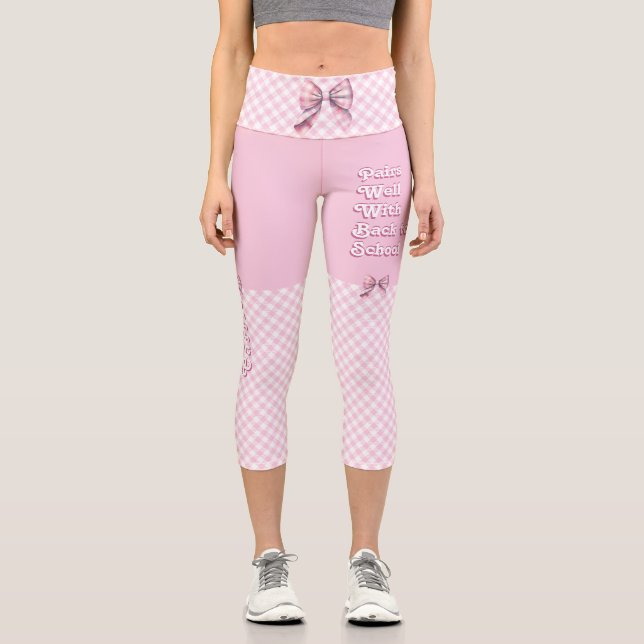 Pairs Well W/ Back To School Funny Pink Plaid Team Capri Leggings (Front)
