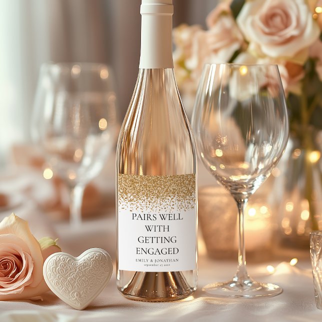 Pairs Well with Getting Engaged Gold Glitter Wine Label (Creator Uploaded)