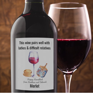 Pairs well with Latkes Hanukkah Funny Gift Wine Label