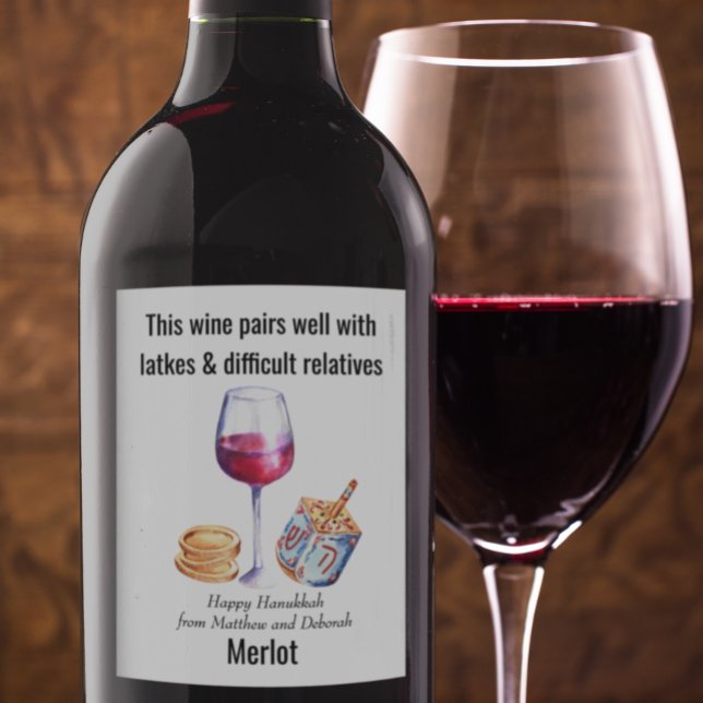 Pairs well with Latkes Hanukkah Funny Gift Wine Label (Creator Uploaded)
