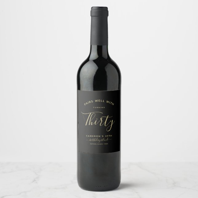 Pairs Well With | Minimalist Black & Gold Age  Wine Label (Front)
