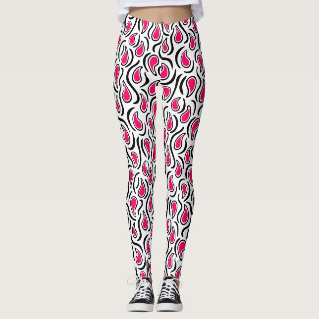Paisley Abstract 230523 - Neon Red, B&W Leggings (Front)