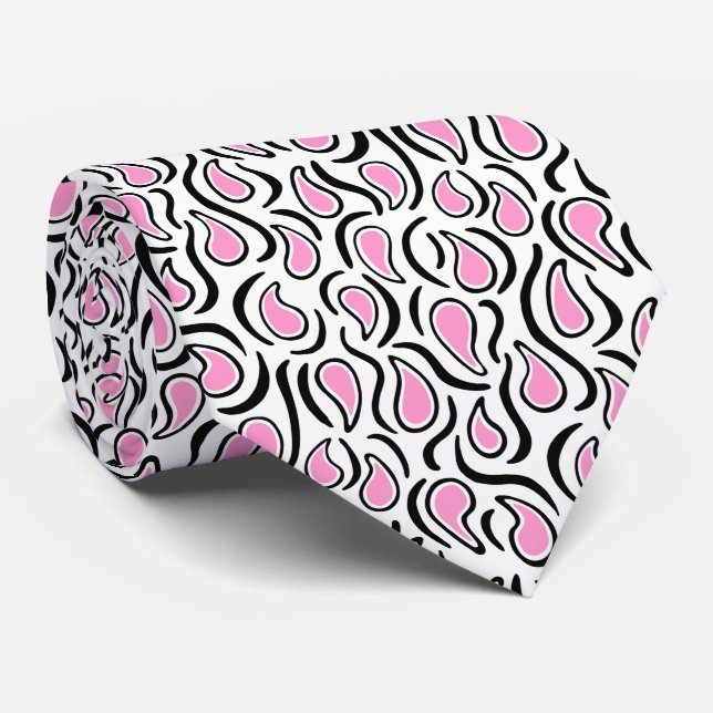 Paisley Abstract 230523 - Pink, Black and White Tie (Rolled)