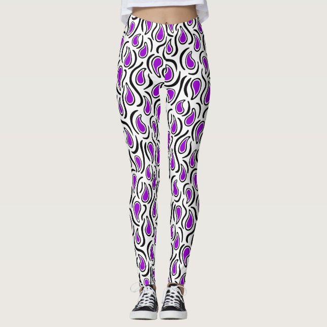 Paisley Abstract 230523 - Purple, Black and White Leggings (Front)