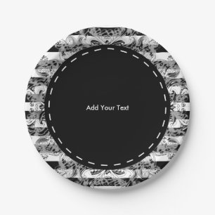 Paisley and Stripes  Pattern   Black, White & Grey Paper Plate