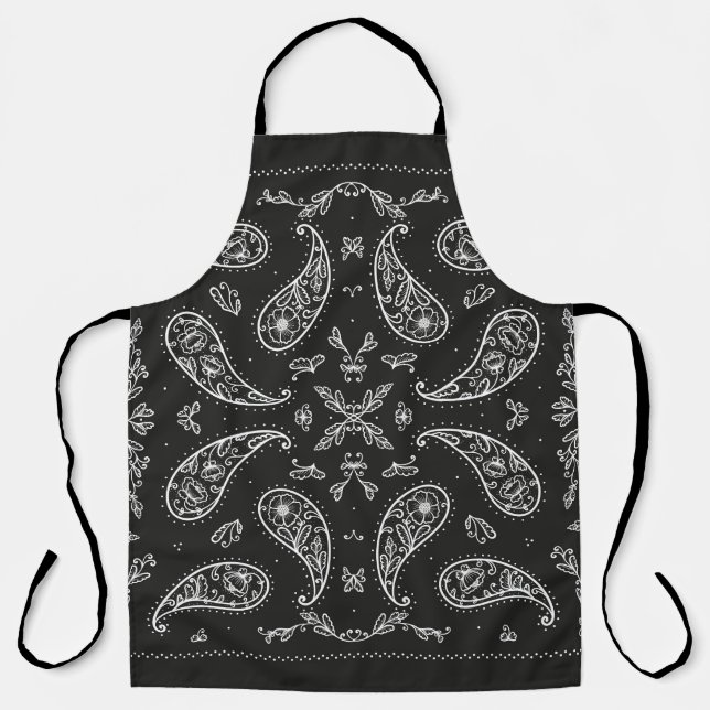 Paisley bandanna: black and white print apron (Front)