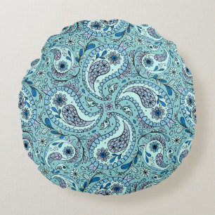 Paisley birds in baby blue round cushion