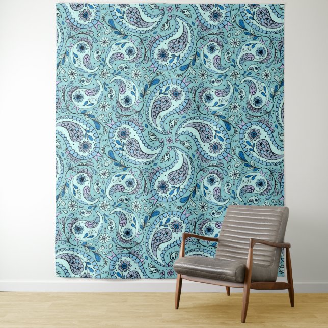 Paisley birds in baby blue tapestry (In Situ)