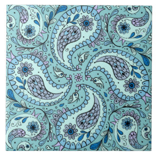 Paisley birds in baby blue tile