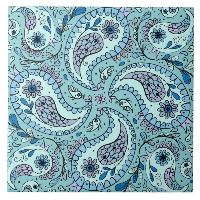 Paisley birds in baby blue tile (Front)