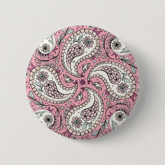 Paisley birds in baby pink 6 cm round badge (Front)