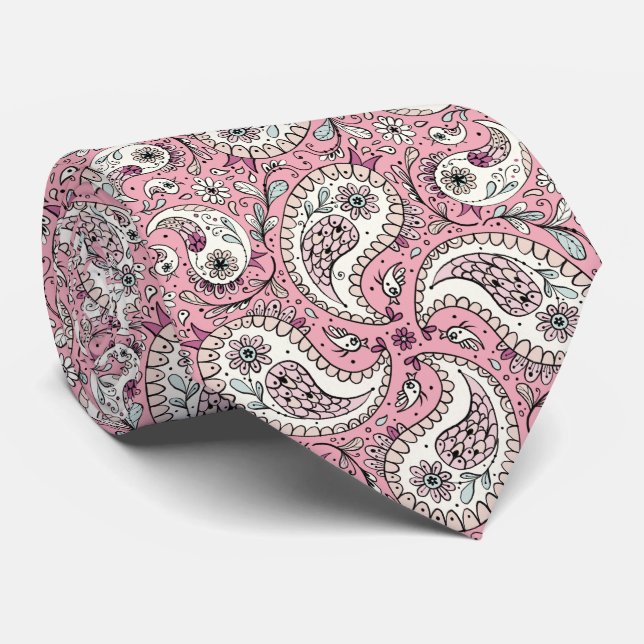 Paisley birds in baby pink tie (Rolled)