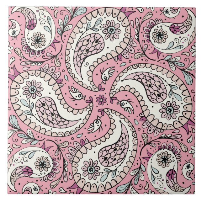 Paisley birds in baby pink tile (Front)