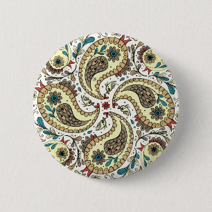 Paisley birds in yellow/brown and white 6 cm round badge