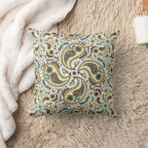 Paisley birds in yellow/brown and white cushion