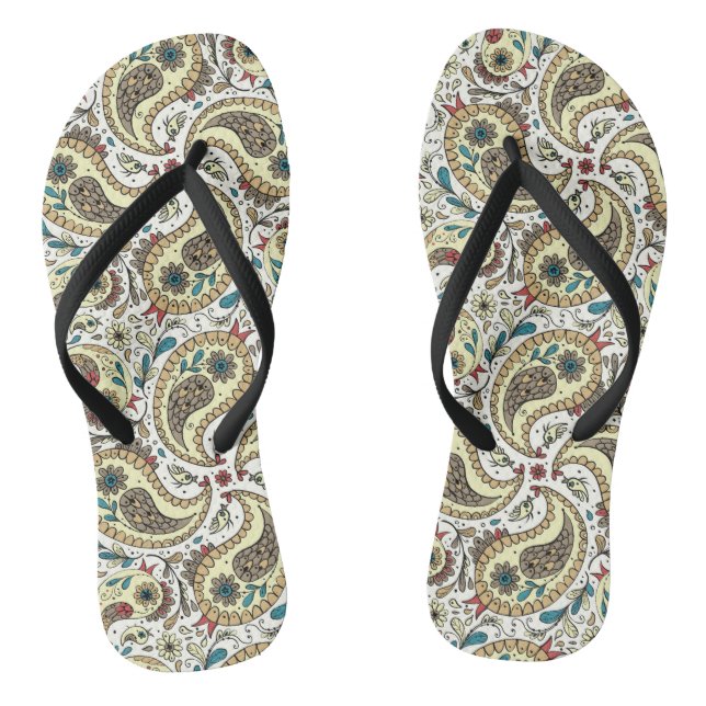 Paisley birds in yellow/brown and white flip flops (Footbed)