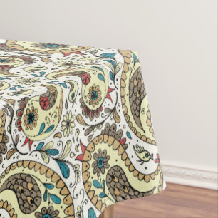Paisley birds in yellow/brown and white tablecloth