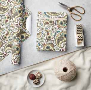 Paisley birds in yellow/brown and white wrapping paper
