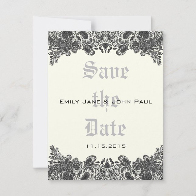 Paisley Black & Ivory Damask Wedding Save the Date (Front)
