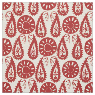paisley block red ivory fabric