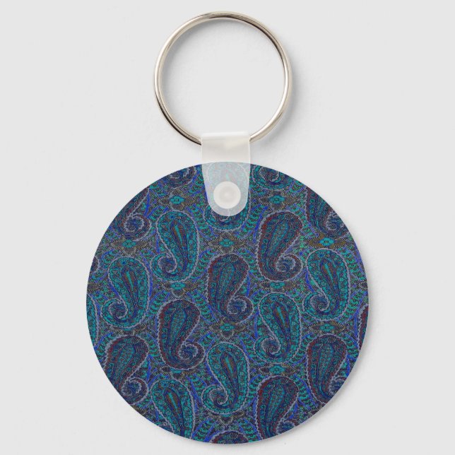 Paisley Blue Indian Boho Art Pattern Key Ring (Front)