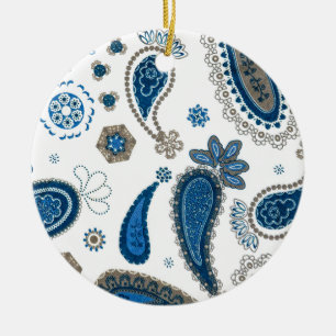 Paisley Blue white Bohemian Pattern Ceramic Tree Decoration