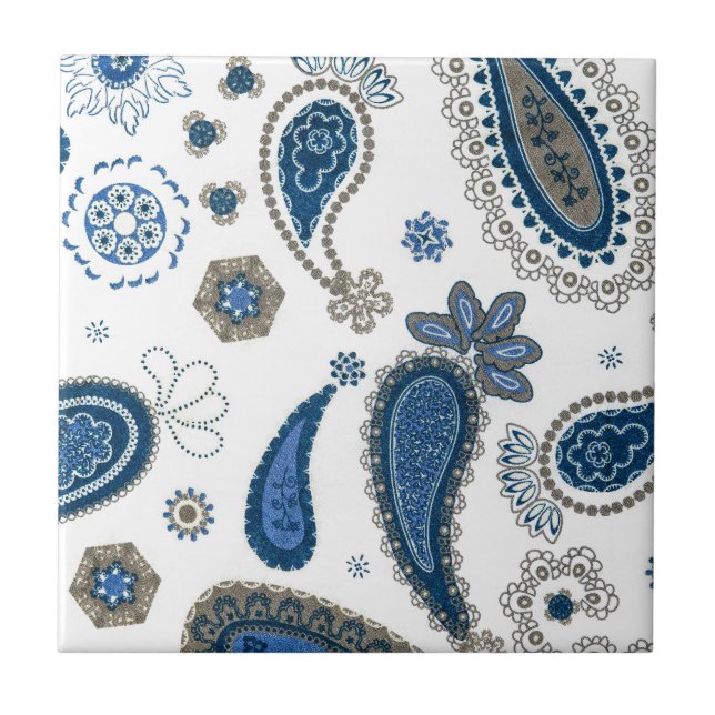 Paisley Blue white Bohemian Pattern Tile (Front)