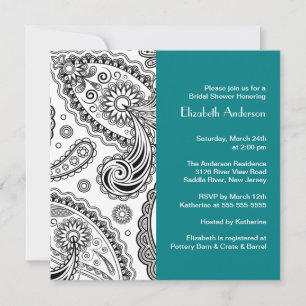 Paisley Bridal Shower Invitation Black & Turquoise