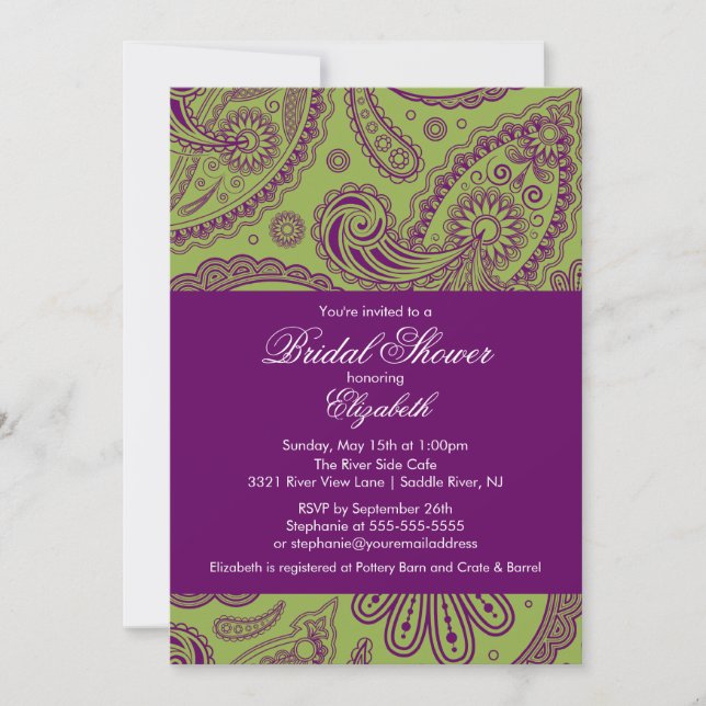 Paisley Bridal Shower Invitation Chartreuse Purple (Front)