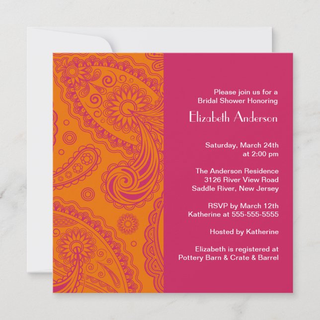 Paisley Bridal Shower Invitation Orange & Pink (Front)