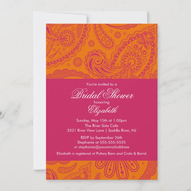 Paisley Bridal Shower Invitation Orange & Pink (Front)