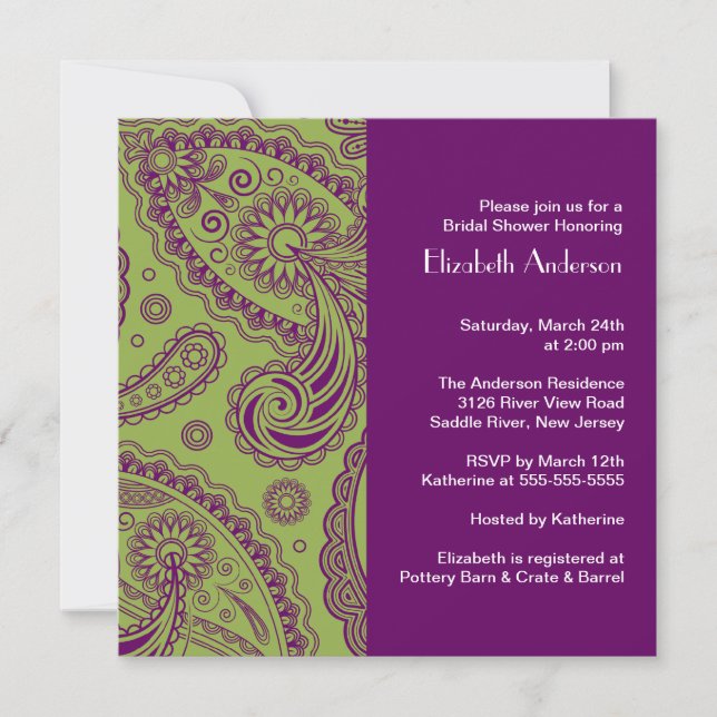 Paisley Bridal Shower Invitation Purple & Green (Front)