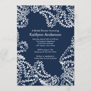 Paisley Bridal Shower Invitation White & Navy Blue