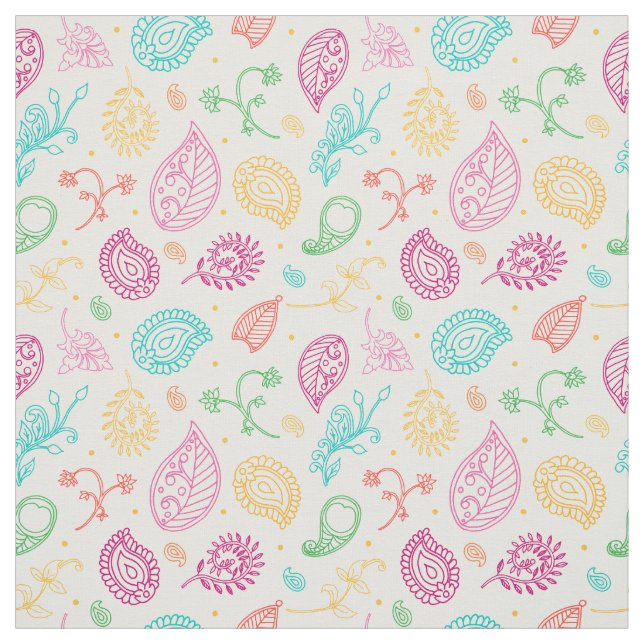 Paisley Bright Boho Folk Pattern on White Fabric (Swatch)