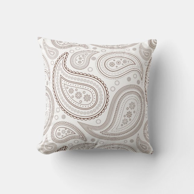 Paisley Brown on White Throw Pillow (Front)