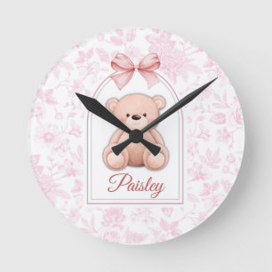 Paisley   Custom Pink Teddy Bear Nursery Design  Round Clock