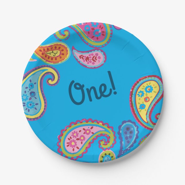Paisley Cute Colourful 1st Birthday Party Paper Plate (Front)