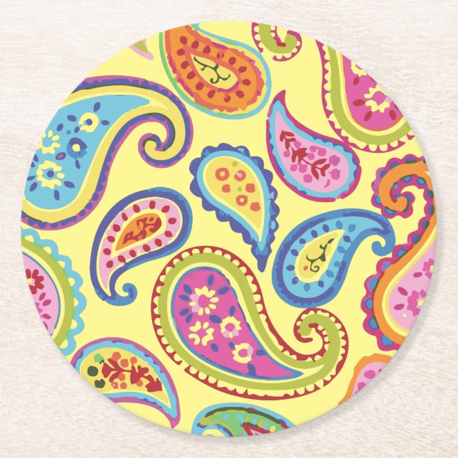 Paisley Cute Colourful Kids Birthday Party Round Paper Coaster (Front)