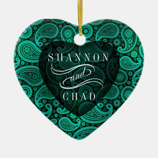 Paisley Deluxe Sheer Heart First Christmas | teal Ceramic Tree Decoration (Front)