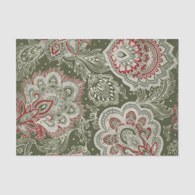 Paisley Design in Shades of Green & Red Tissue Paper (Front)