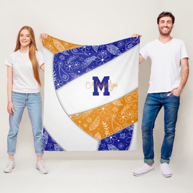 paisley doodle pattern blue orange volleyball fleece blanket (In Situ)