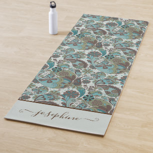 Paisley Dusty Blue Brown vintage boho Yoga Mat