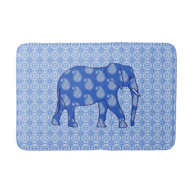 Paisley elephant - cobalt blue and white bath mat (Front)