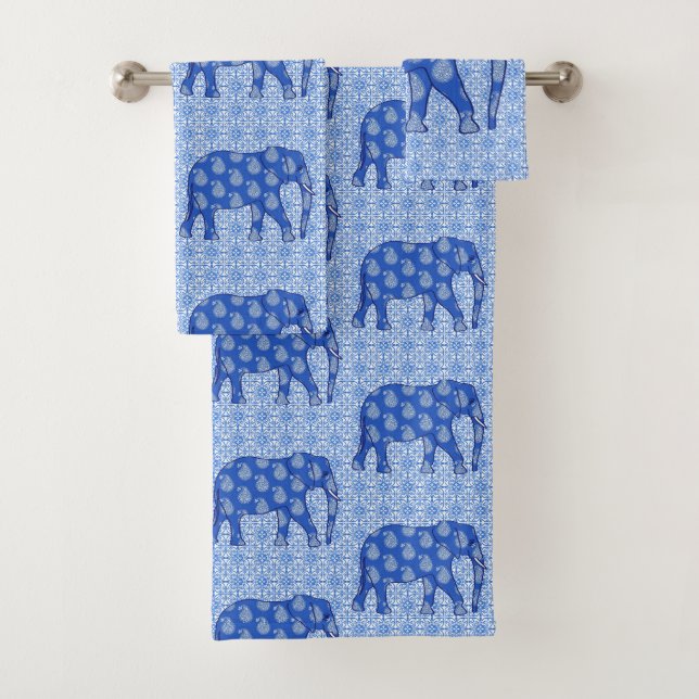 Paisley elephant, cobalt blue and white bath towel set (Insitu)