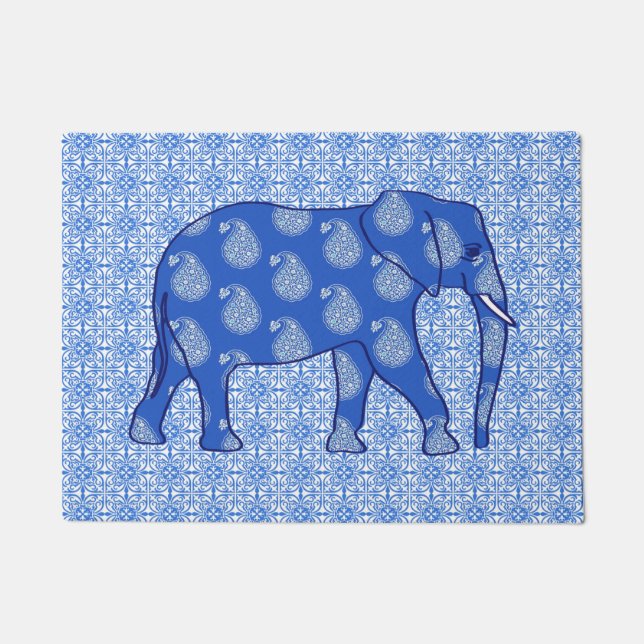 Paisley elephant, Cobalt Blue and White Doormat (Front)