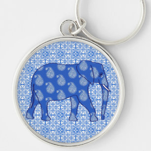 Paisley elephant - cobalt blue and white key ring