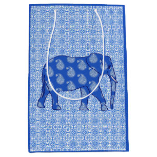 Paisley elephant - cobalt blue and white medium gift bag