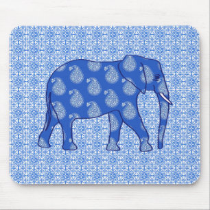 Paisley elephant - cobalt blue and white mouse mat